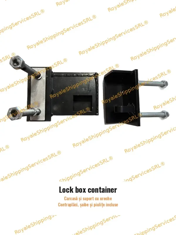 Lock box container (hoțoaică): carcasă și suport cu ureche, contraplăci, șaibe și piulițe
